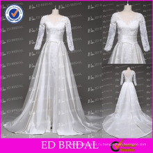 Реальные фото V-образным вырезом с длинным рукавом кружева аппликация атласная юбка свадебные платья 2015